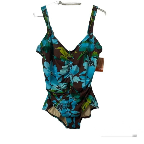 Tropical Escape NWT One Piece Bathing Suit Brown/Blue Size 16 - Picture 1 of 9
